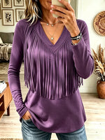Women's V-Neck Tassel Fringe Long-Sleeve Top
