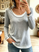 Women's Mustard Yellow Fake Two Piece Long Sleeve Top, Scoop Neck Layered Casual Knit Pullover