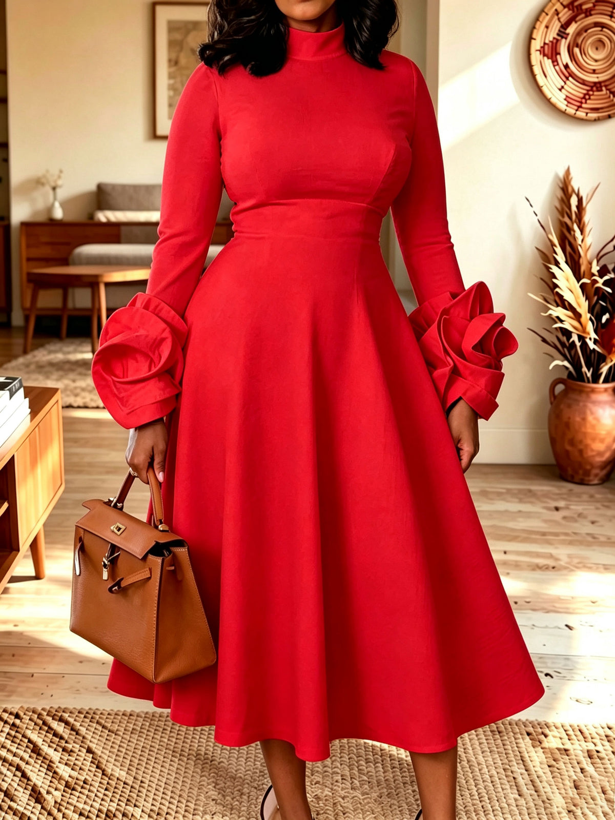 Women Red High Neck Ruffle Cuff Long Sleeve Midi Formal Dress
