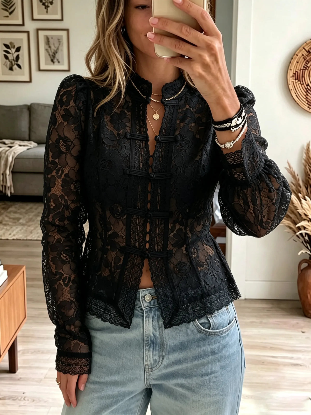 Women's Floral Lace Button Blouse
