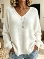 Oversized Fuzzy Mohair‑Style V‑Neck Sweater, Women Batwing Loose Soft Knit Pullover