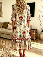 Retro Leopard Patchwork Pattern Art Print Casual Ruffle Stylish Cotton Linen Dress