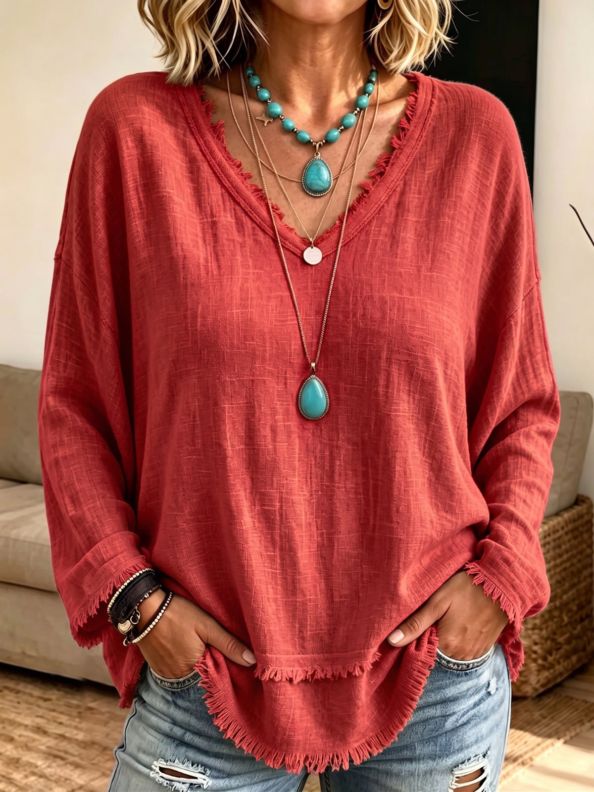 Women Frayed Edge V‑Neck Long Sleeve Top, Loose Textured Casual Blouse