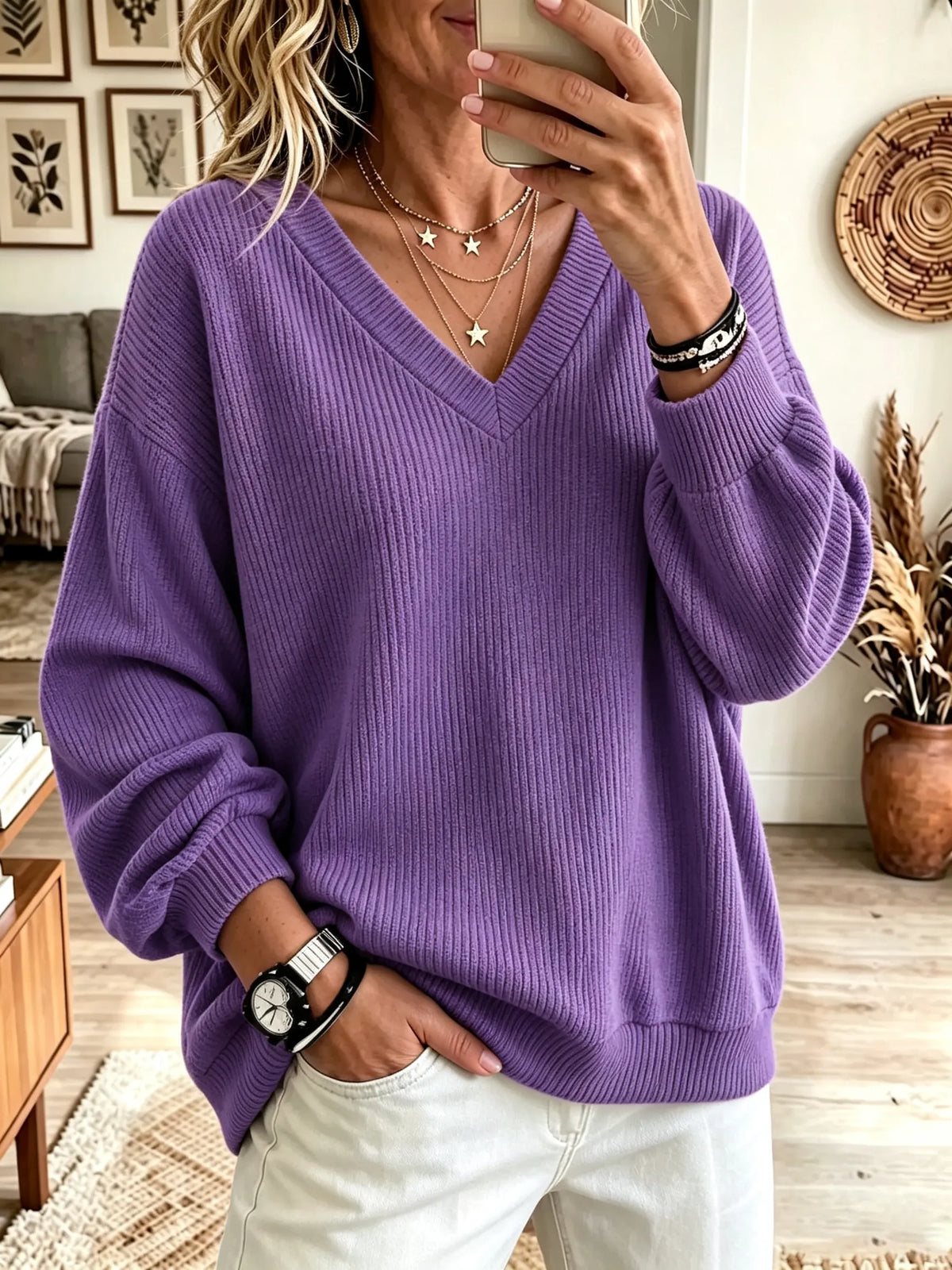 Women's Oversized V-Neck Ribbed Pullover Sweater