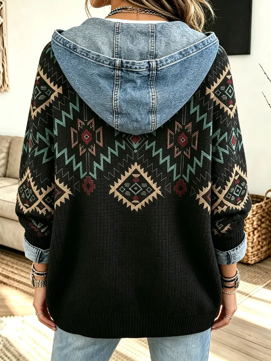 Women's Vintage Print Loose Hoodie Cardigan Coat