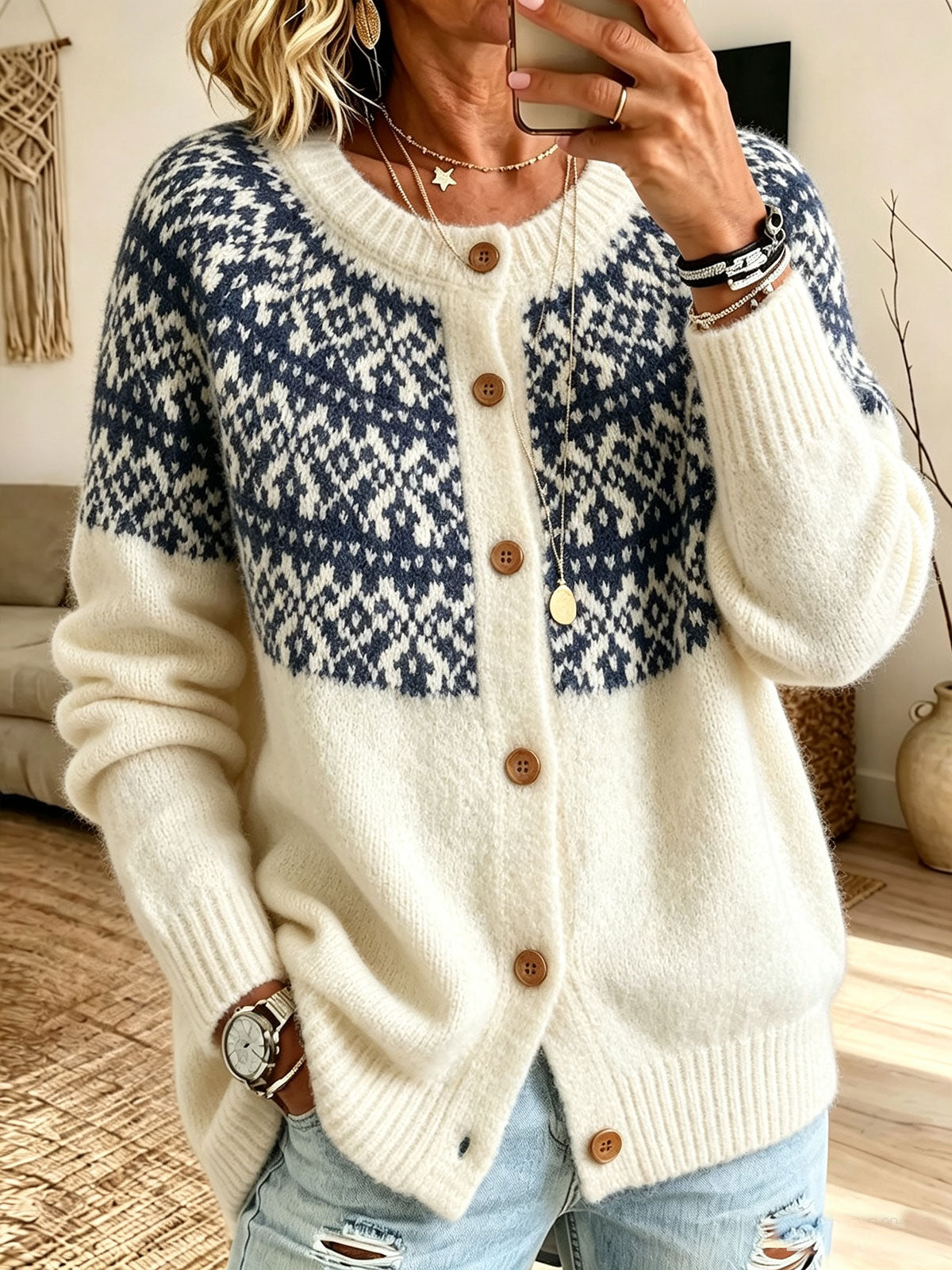 Women Crew Neck Button‑front Long Sleevefair Isle Pattern Knit Cardigan Sweater