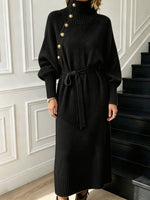 Turtleneck Belted Knit Midi Dress Gold Button Batwing Sleeve Sweater Dress