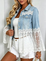 Retro Floral Lace Patchwork Casual Stylish Denim Lapel Coat