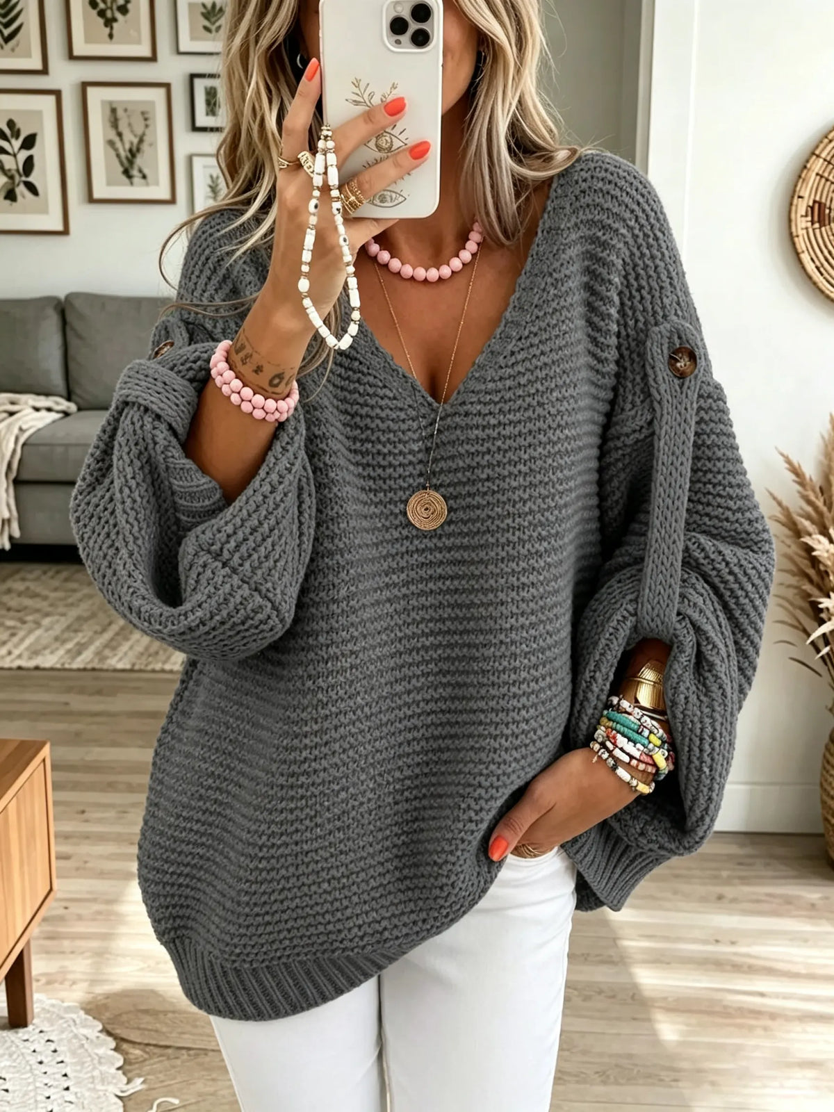 Women's Button V-Neck Knit Sweater