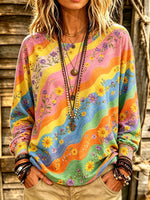 Women's Rainbow Wavy Daisy Print Long Sleeve Top