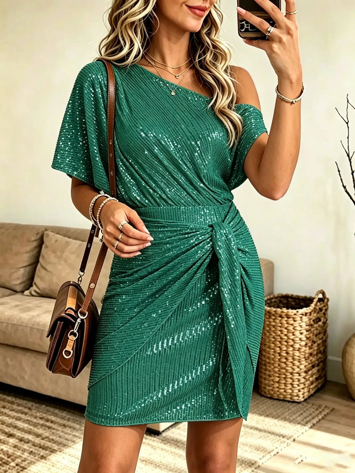 Women's One-Shoulder Draped Sequin Mini Dress