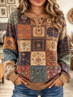 Women's Vintage Bohemian Tapestry Print Patchwork Long Sleeve Henley Sweatshirt
