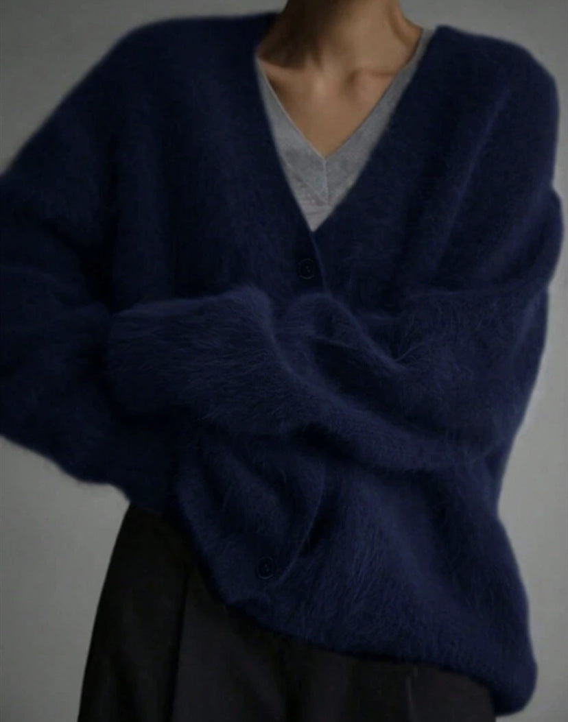 V‑Neck Fuzzy Shaggy Knit Button Front Long Sleeve Cardigan