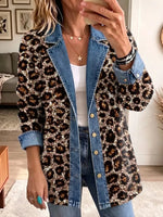 Retro Leopard Pattern Art Casual Denim Patchwork Stylish Long Sleeve Coat