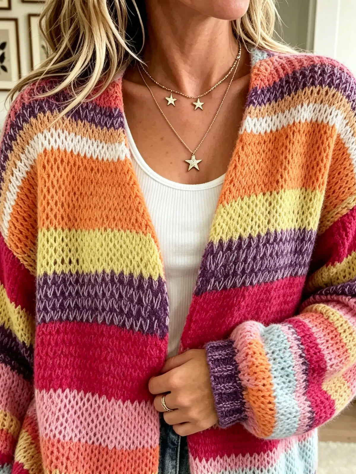 Women's Multi-Color Striped Chunky Knit Cardigan