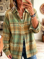 Retro Plaid Pattern Art Print Casual Stylish Long Sleeve Cotton Linen Shirt