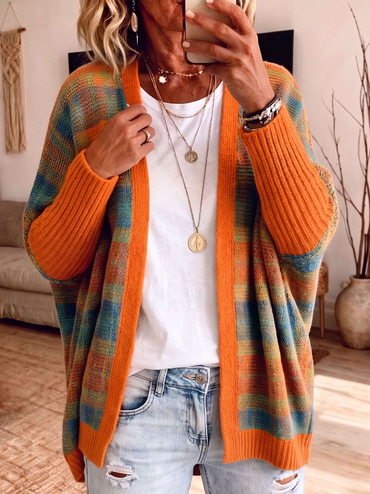 Colorful Plaid Open Front V Neck Knit Cardigan