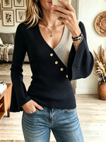 Women's Two-Tone Asymmetrical Button Ribbed Knit Top