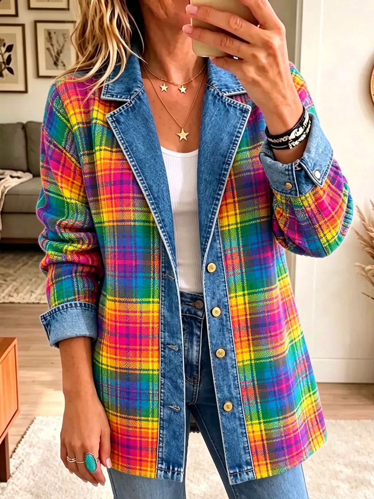 Women Lapel Button Casual Rainbow Plaid Denim Spliced Blazer Jacket Outerwear