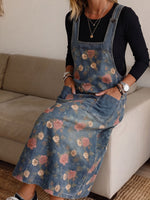 Women's Vintage Floral Print Denim Pinafore Midi Dress With Pockets