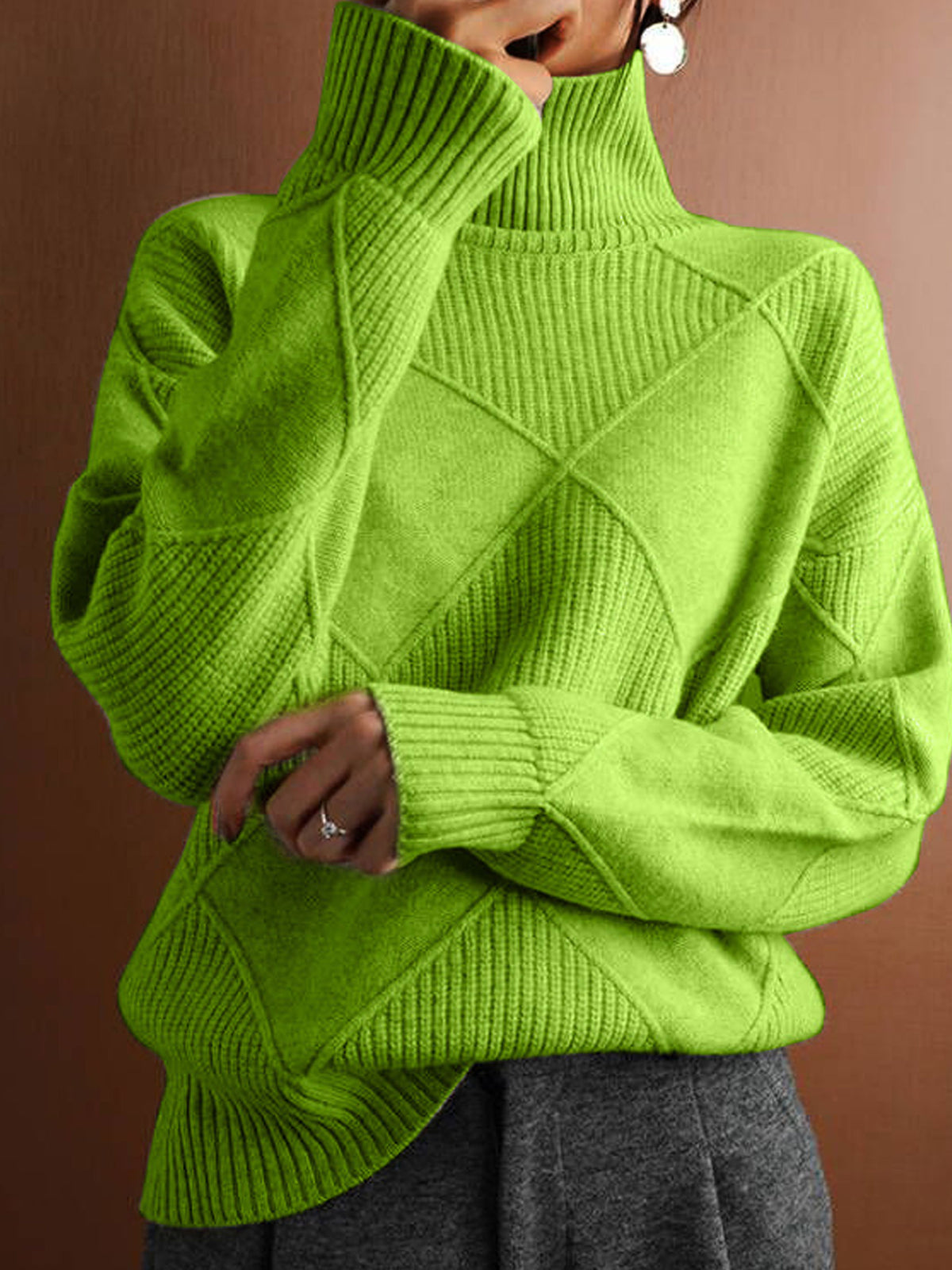 Diamond Cable Knit Turtleneck Sweater Women Loose Long Sleeve Pullover