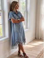 Women's Frayed Tassel Hem Short Sleeve Denim Shirt Dress With Pockets