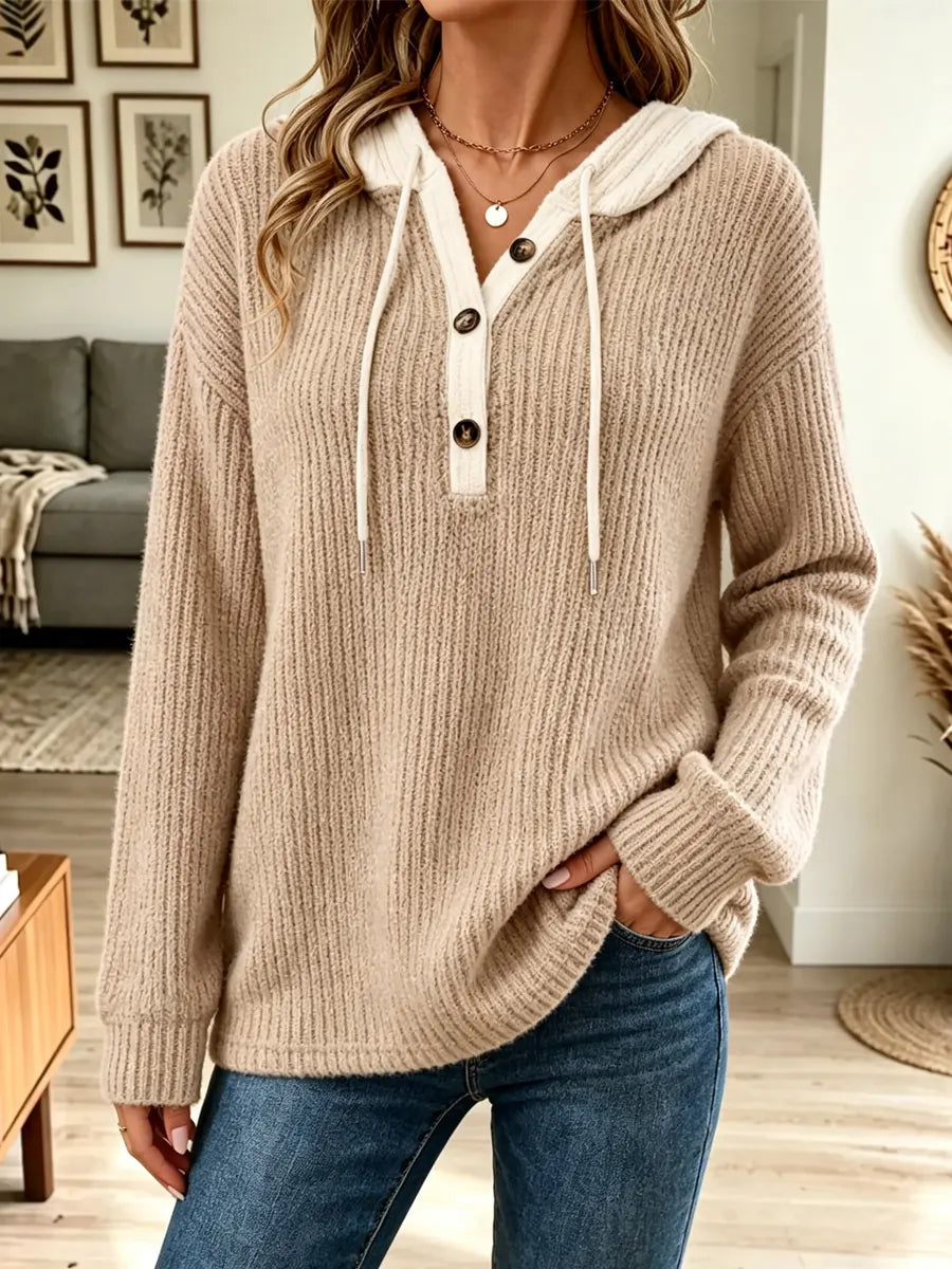 Retro Elegant Button Hooded Loose Art Casual Stylish Long Sleeve Top