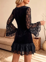 Vintage Elegant Lace-trimmed Ruffled V-neck Velvet Dress