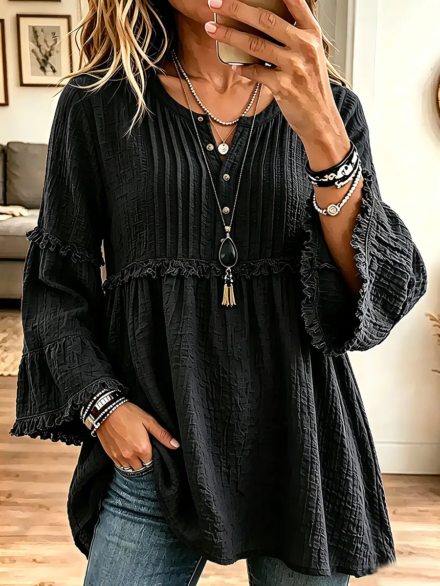 Women's Vintage Elegant Textured Crinkle Pleats Tunic Blouse