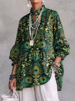 Retro Floral Peacock Feather Art Pattern Print Ruffle Casual Stylish Cotton Linen Shirt