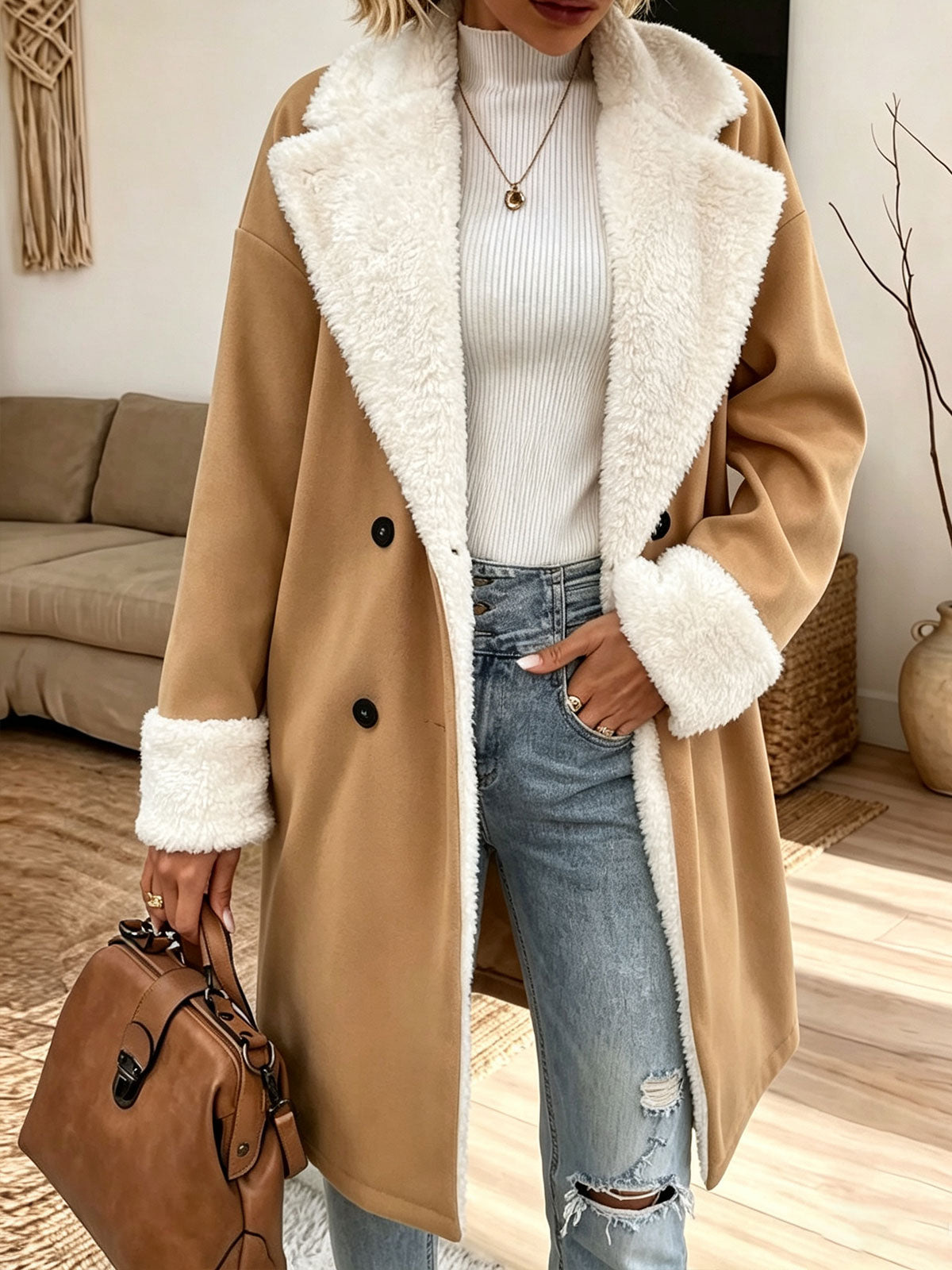 Camel Faux Shearling Lined Wool Blend Coat, Women Double‑Breasted Winter Overcoat