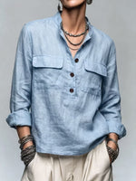 Stand Collar Half Button Pocket Linen Blend Blouse, Women Roll‑Up Long Sleeve Top