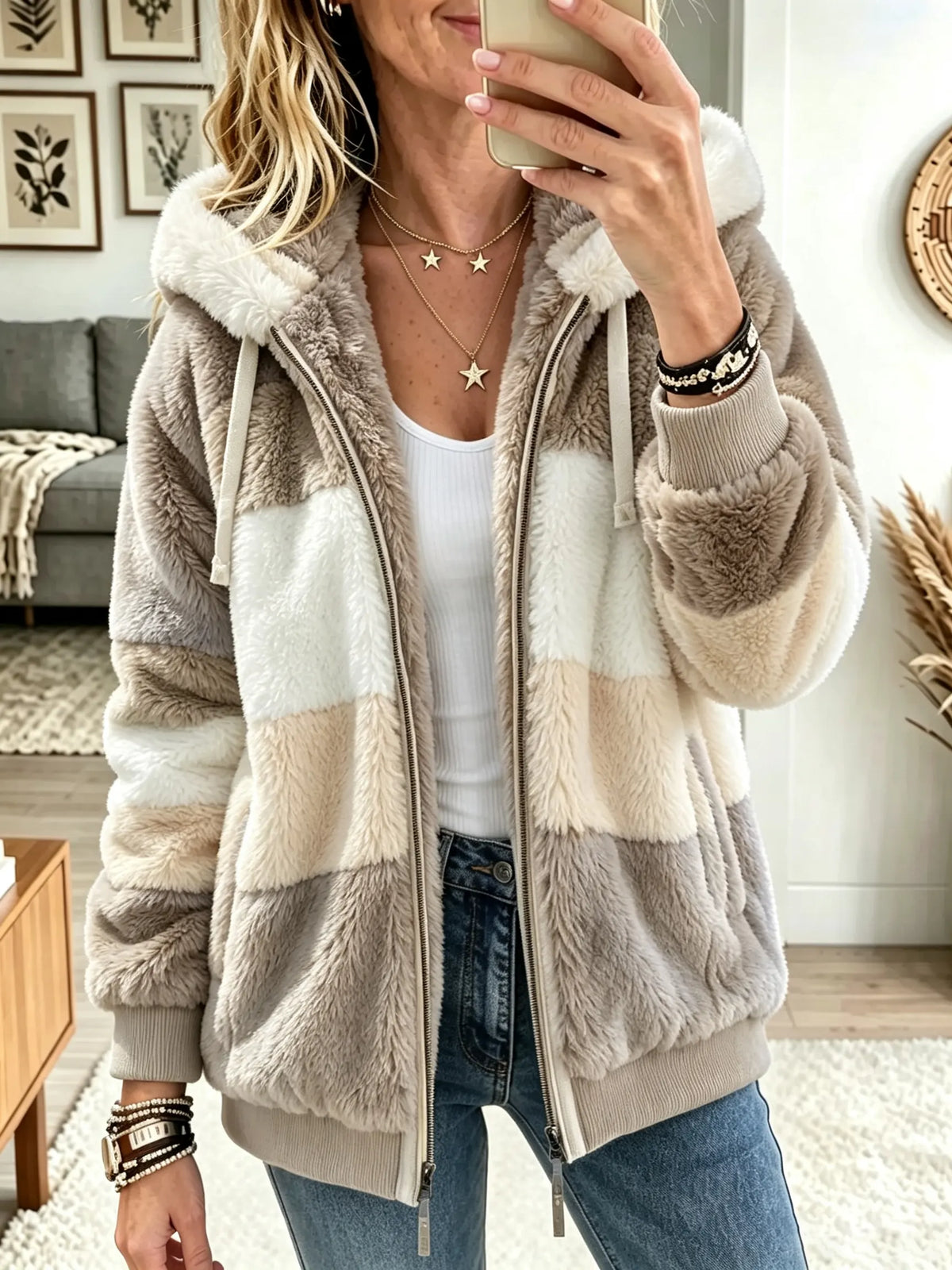 Women's Color-Block Plush Fleece Hooded Jacket