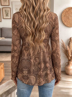 Women's Brown Vintage Floral Paisley Print Tie Front Long Sleeve Blouse