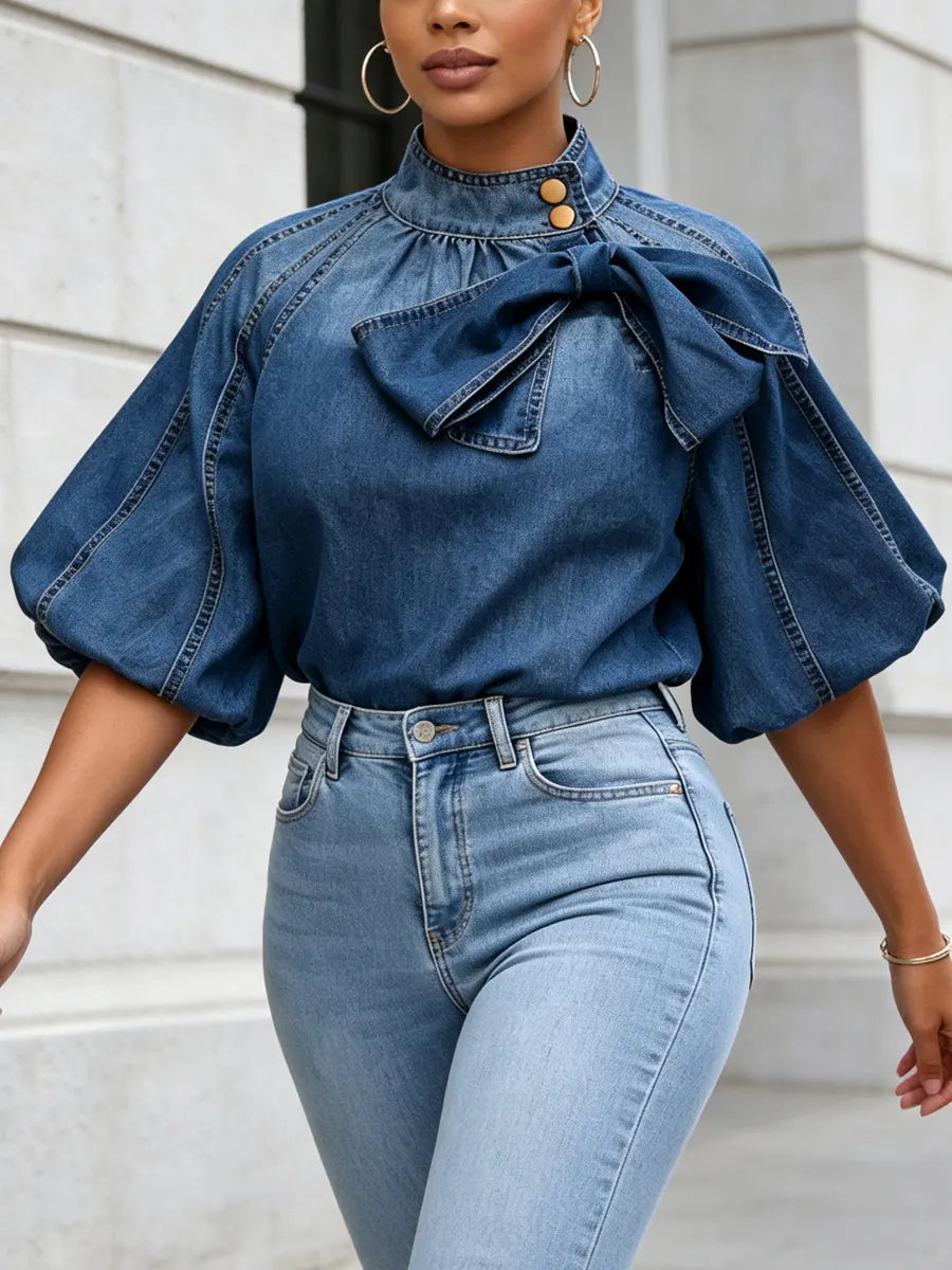 Retro Elegant Bow Gradient Color Art Casual Stylish Short Sleeve Denim Shirt