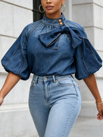Retro Elegant Bow Gradient Color Art Casual Stylish Short Sleeve Denim Shirt
