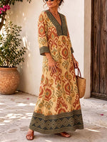 Retro Ethnic Pattern Art Print Casual V-neck Cotton Linen Maxi Dress