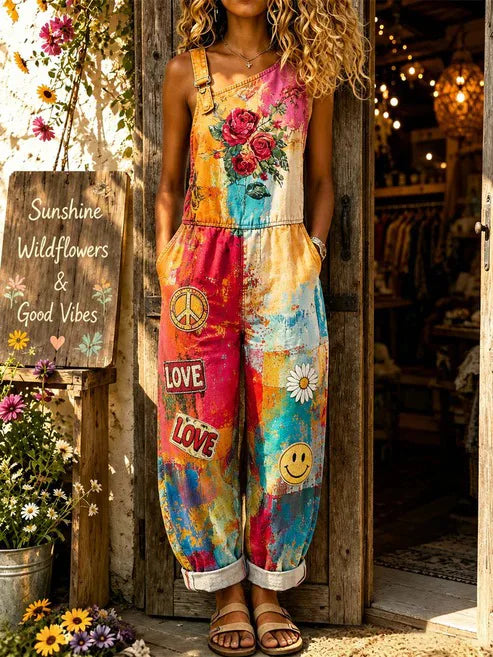 Women's Graffiti Rose Peace Sign One Shoulder Overall Jumpsuit