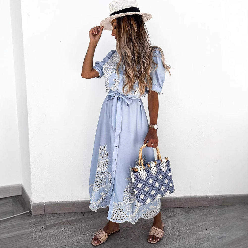 Women Eyelet Embroidery Belted Shirt Midi Dress With Puff Sleeves