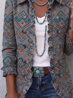 Retro Ethnic Pattern Art Print Ruffle Casual Stylish Cotton Lapel Coat