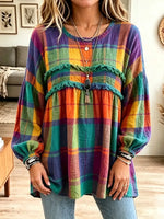 Retro Plaid Pattern Art Print Casual Stylish Long Sleeve Cotton Linen Shirt