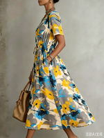 Women's Abstract Floral Print Short Sleeve Drawstring Waist Pocket Midi Dress