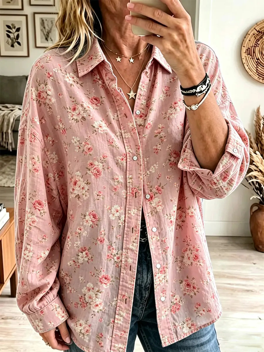 Retro Floral Pattern Art Print Casual Stylish Long Sleeve Cotton Linen Shirt