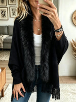 Women's Faux Fur Trim Fringe Poncho Cardigan
