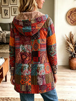 Women's Bohemian Patchwork Sherpa Lined Hooded Coat