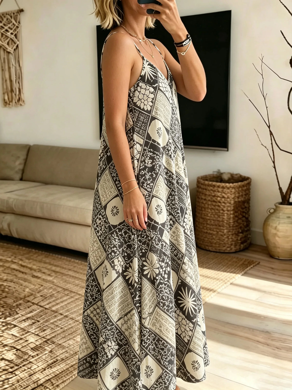 Women Vintage Geometric Floral Plaid V-neck Slip Maxi Dress