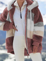 Women Loose Warm Fleece Color Block Fuzzy Zip Up Hooded Jacket Coat