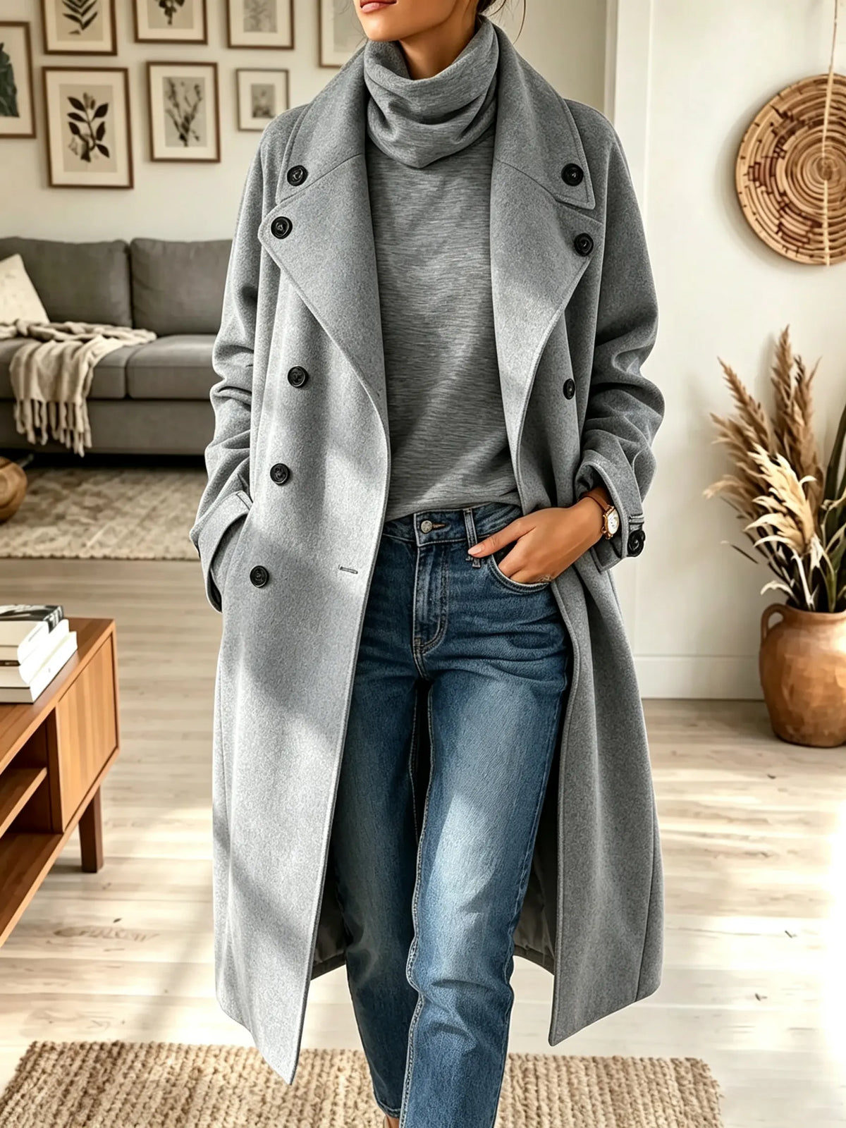 Women's Double-Breasted Notch Lapel Woolen Long Trench Coat