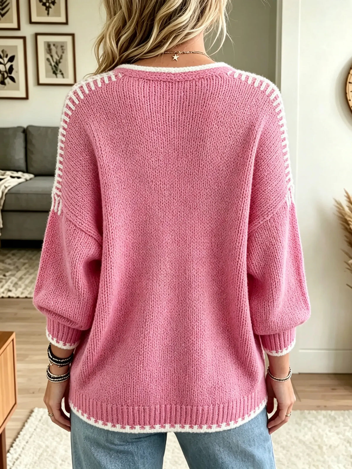 Women's Blanket Stitch Trim Open-Front Cardigan
