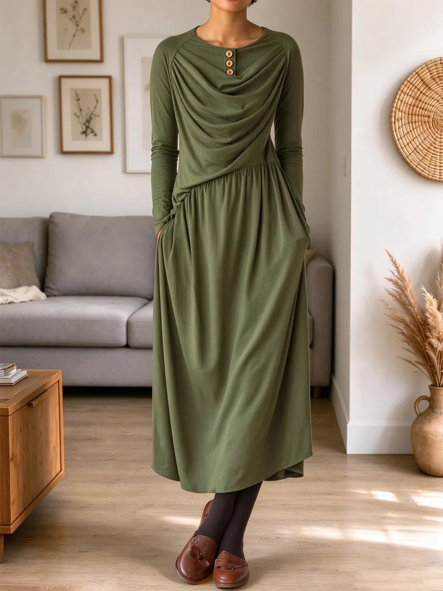 Vintage Chic Flowy Art Casual Stylish Long Sleeve Midi Dress